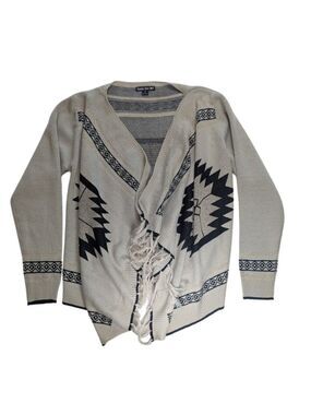 Double Zero Open Front Cardigan Sweater Tan Black Western Aztec Fringe Size Med